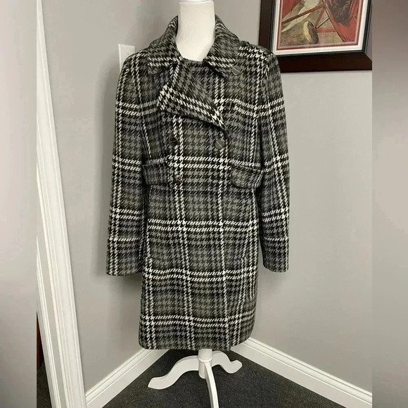 Miss Sixty Jackets & Blazers - Miss Sixty Plaid Houndstooth Trench Pea Coat Wool Size XL Black Gray